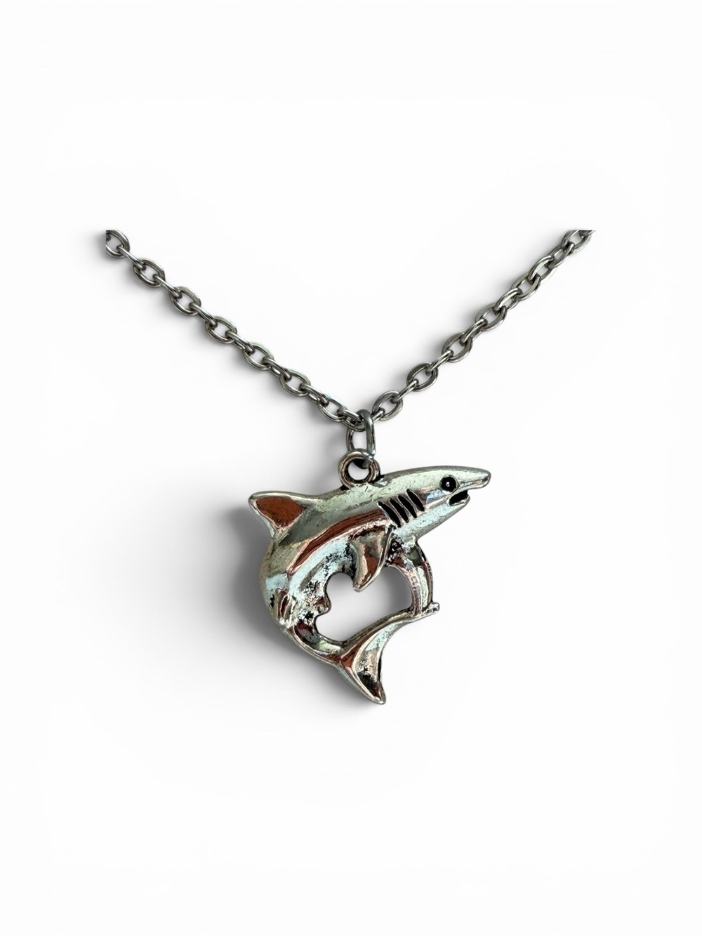 Silver Tone Shark Pendant Necklace with Heart Cutout Detail
